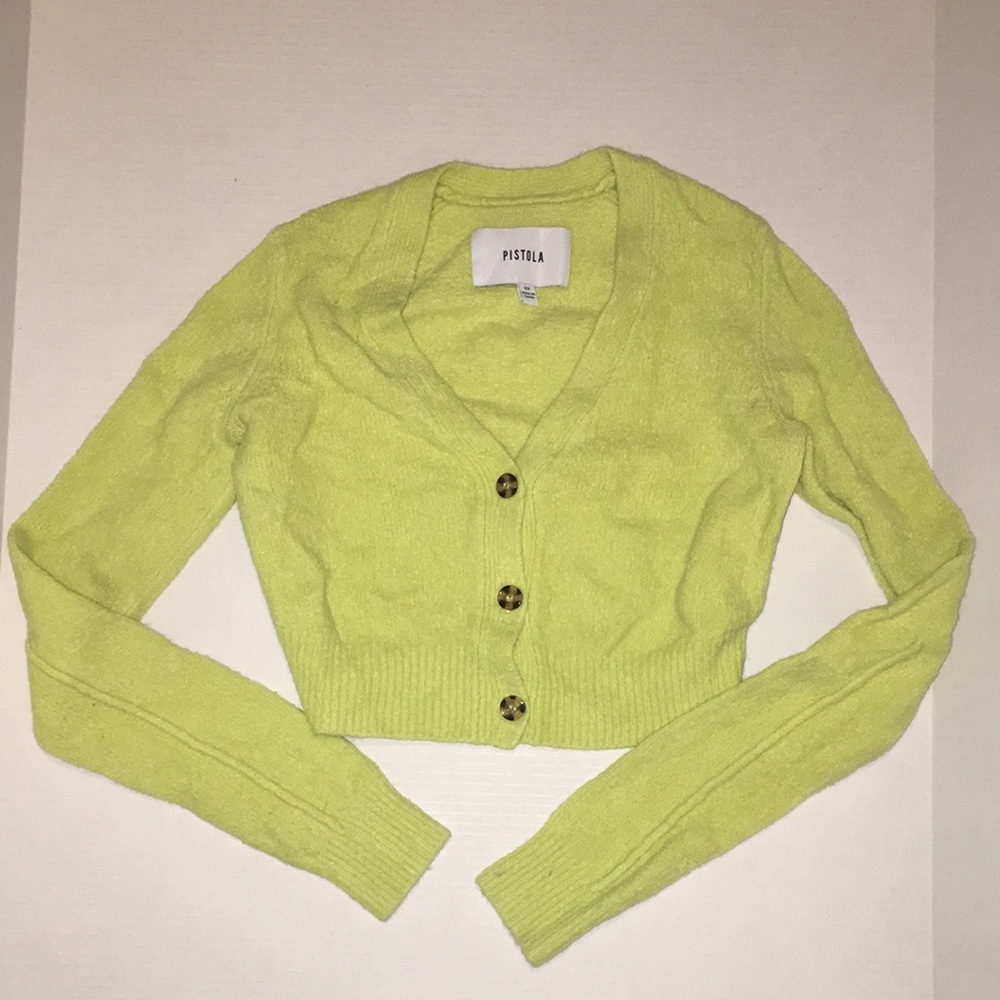 Pistola Lime Green Cropped V-Neck Button Sweater